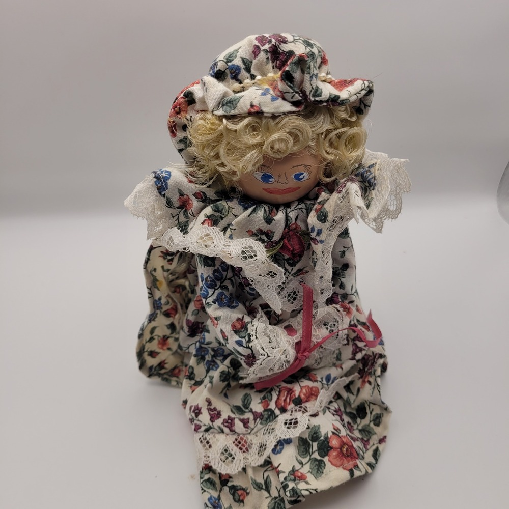 Vintage Handmade Wooden Head Doll Floral Lace Dress Faux Pearl Bonnet Folk Art